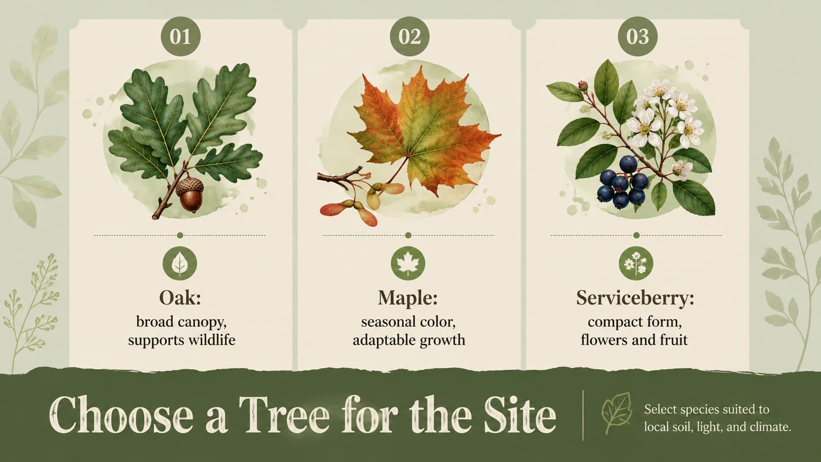Green botanical slide comparing native tree choices for an Arbor Day planting program.
