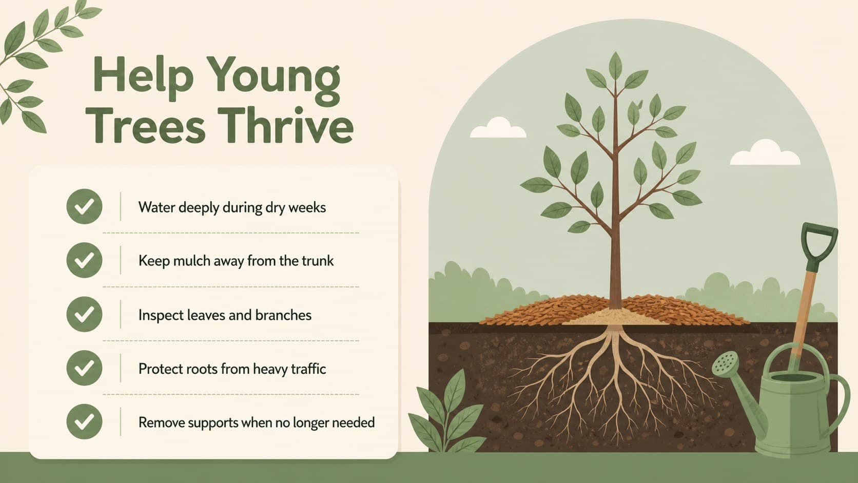 Tree care checklist slide with illustrated watering, mulching, inspection, and protection tasks.