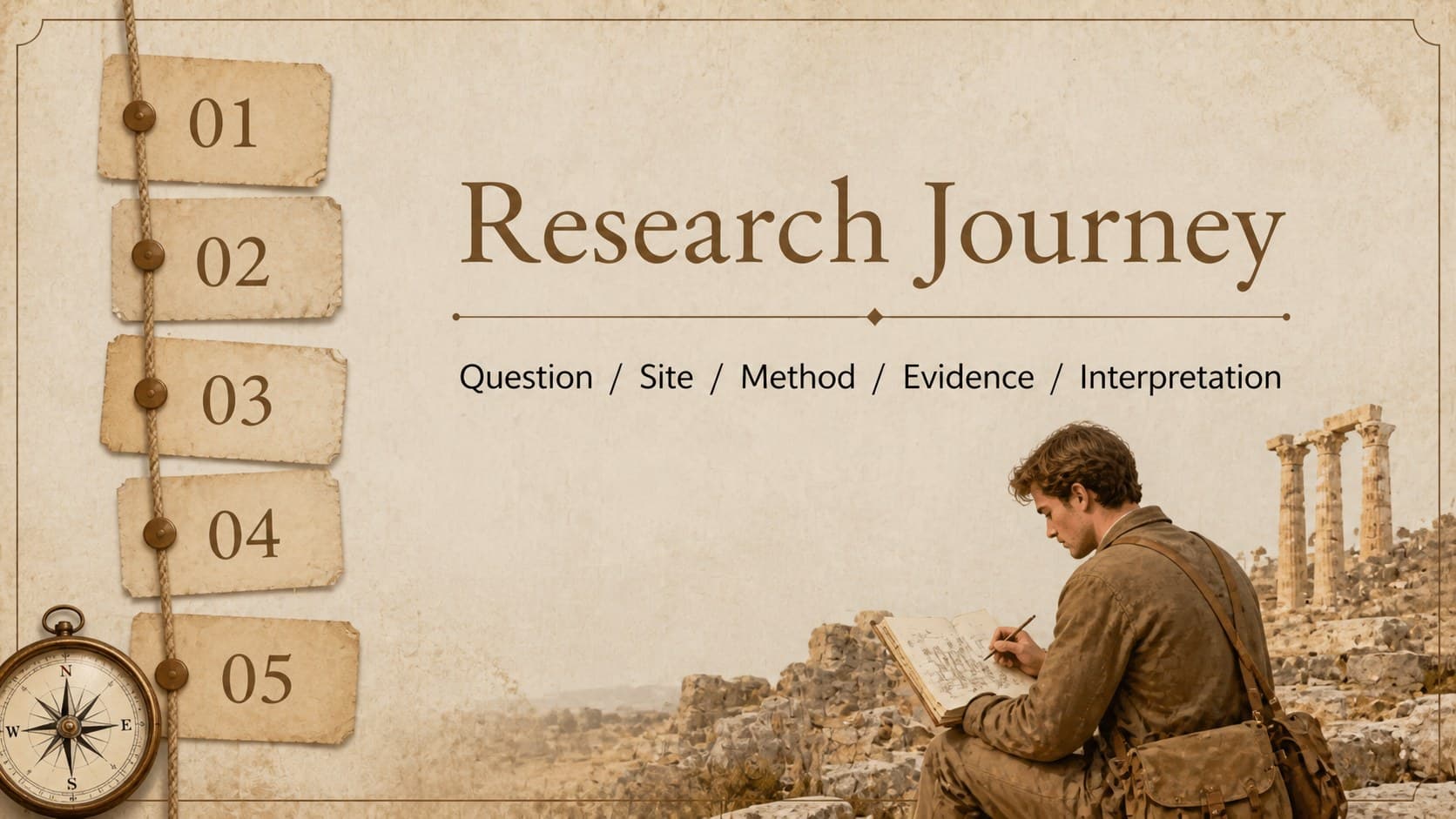 Agenda slide outlining the research journey in an archaeology thesis presentation slides deck.