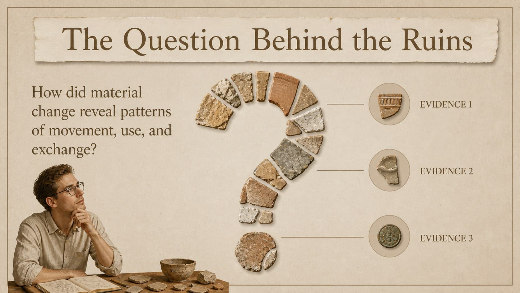 Research question slide presenting the central inquiry for an archaeology thesis presentation slides project.