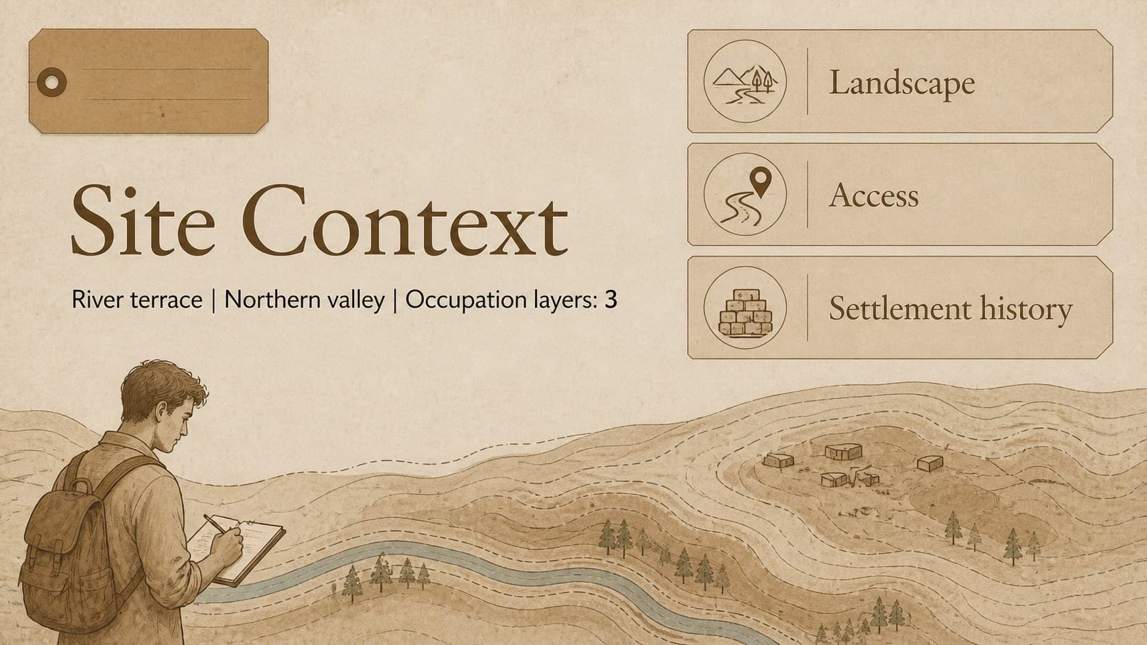 Site context slide showing a location profile for an archaeology thesis presentation slides deck.