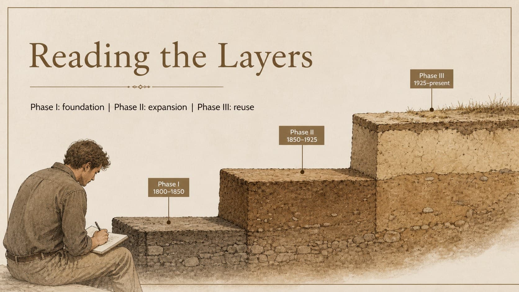Chronology timeline showing occupation phases in an archaeology thesis presentation slides deck.