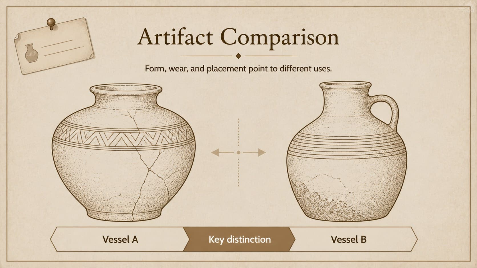 Artifact comparison slide contrasting ceramic forms for an archaeology thesis presentation slides analysis.