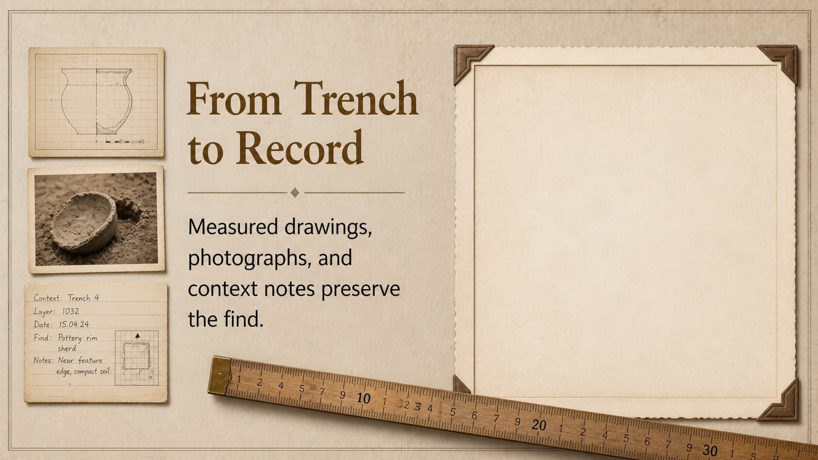 Field documentation slide combining notes and imagery for an archaeological fieldwork report presentation.
