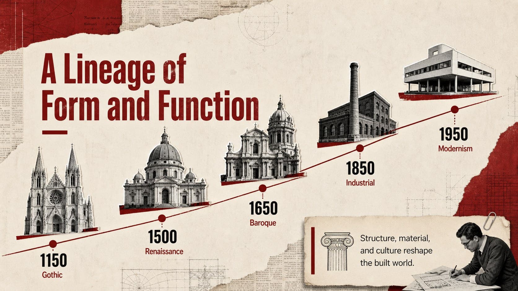Visual architecture timeline slide tracing key design movements from Gothic architecture to Modernism with annotated forms.