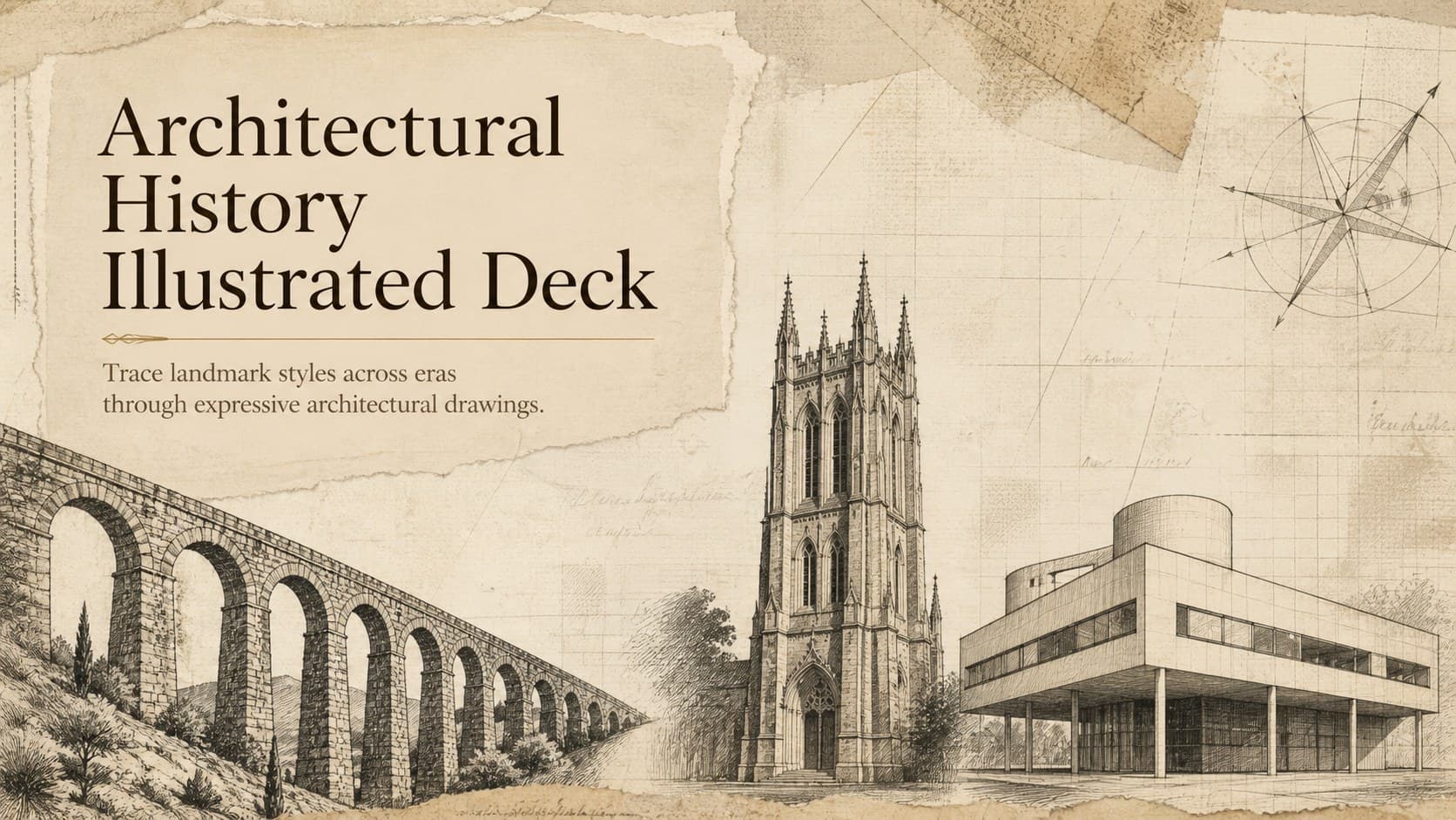 Cover of an architectural history illustrated deck with engraved landmark drawings on textured paper.