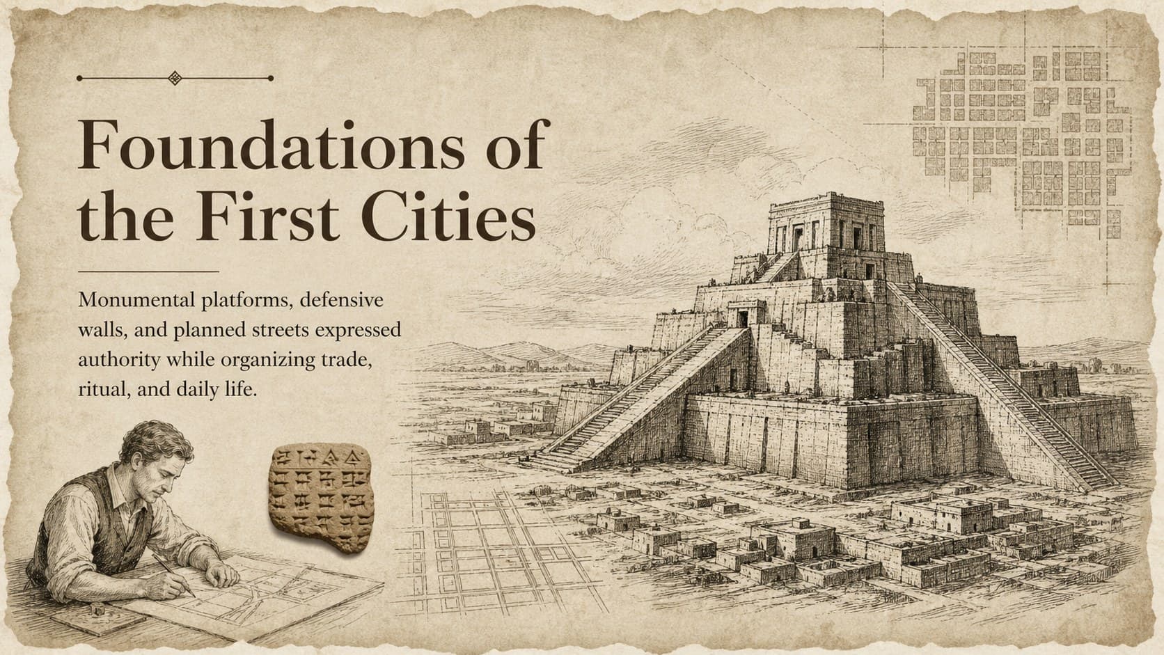 Ancient architecture lesson slide featuring a ziggurat, stone gateway, and early urban planning notes.