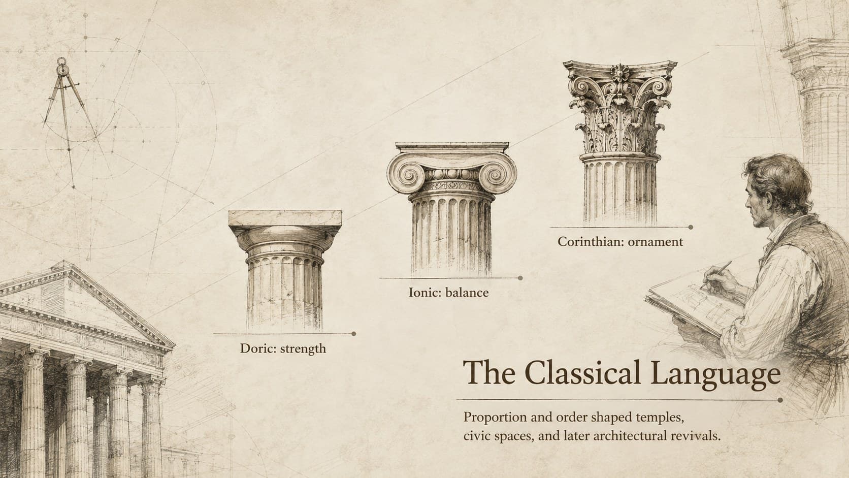 Classical architecture slide comparing Doric, Ionic, and Corinthian columns in an illustrated layout.