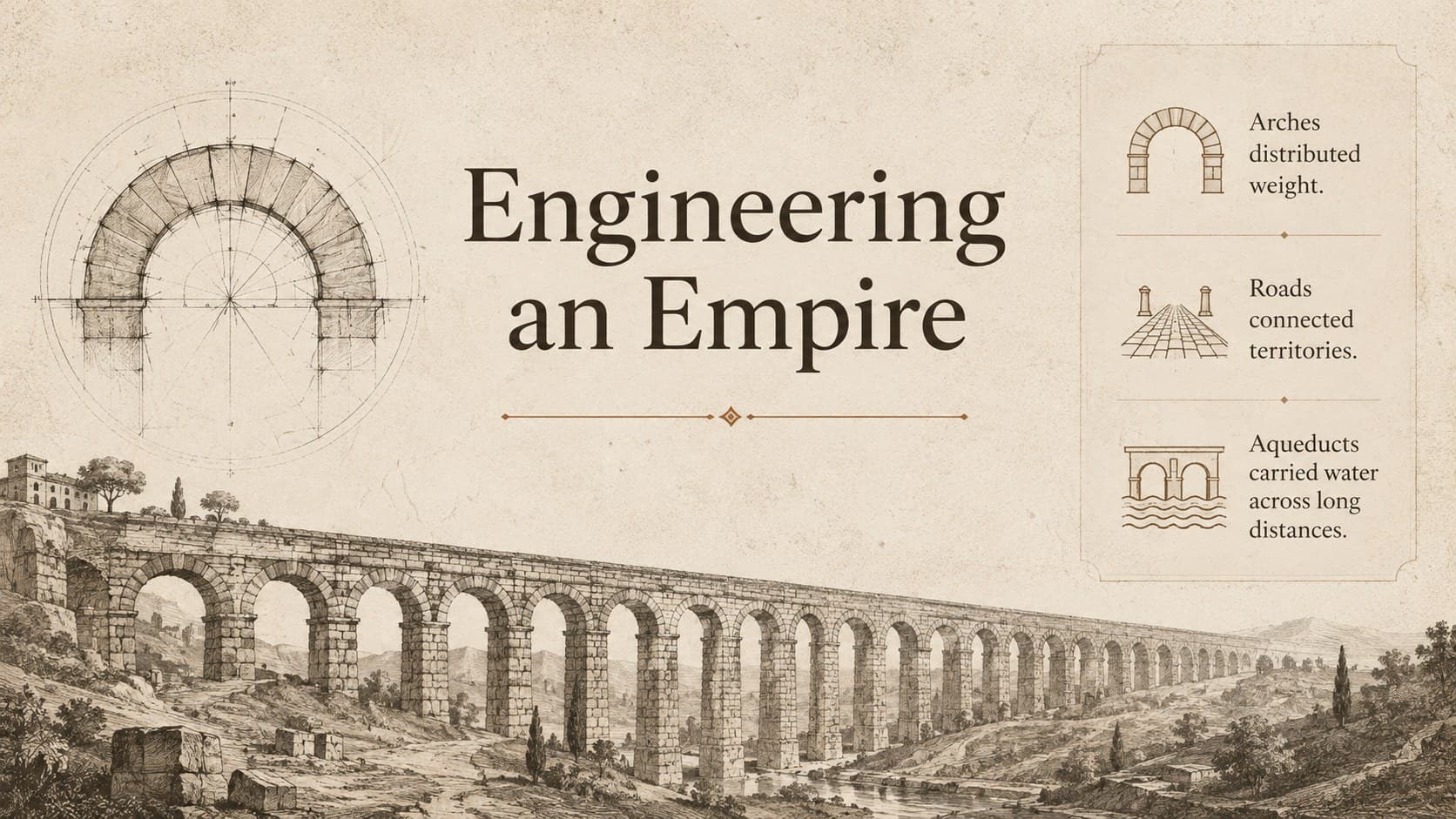 Roman engineering history slide with an aqueduct cross-section, arch diagram, and infrastructure facts.