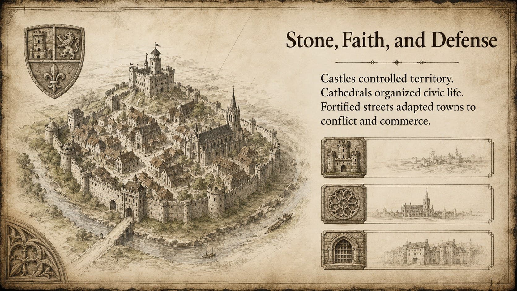Medieval architecture presentation slide explaining castles, cathedrals, and fortified towns.