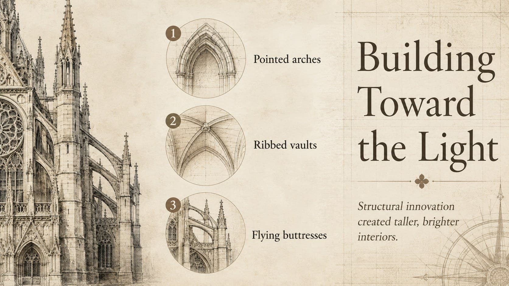Gothic cathedral analysis slide showing pointed arches, ribbed vaults, and flying buttresses.