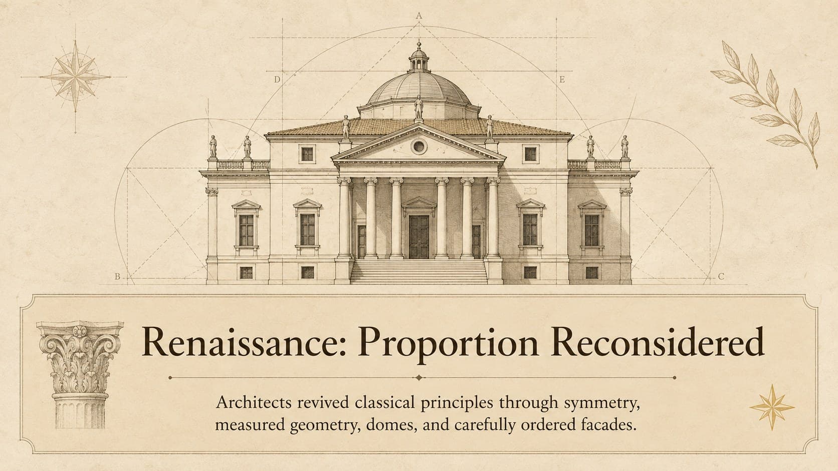 Renaissance architecture slide illustrating symmetry, mathematical proportion, and the revival of antiquity.
