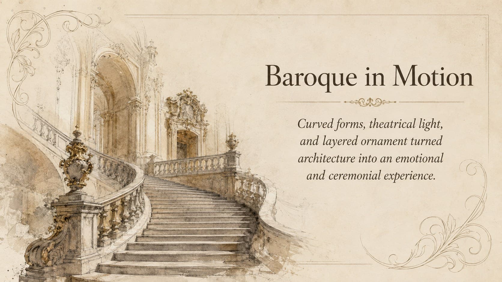 Baroque architecture lecture slide with a dramatic palace facade and notes on movement and ornament.