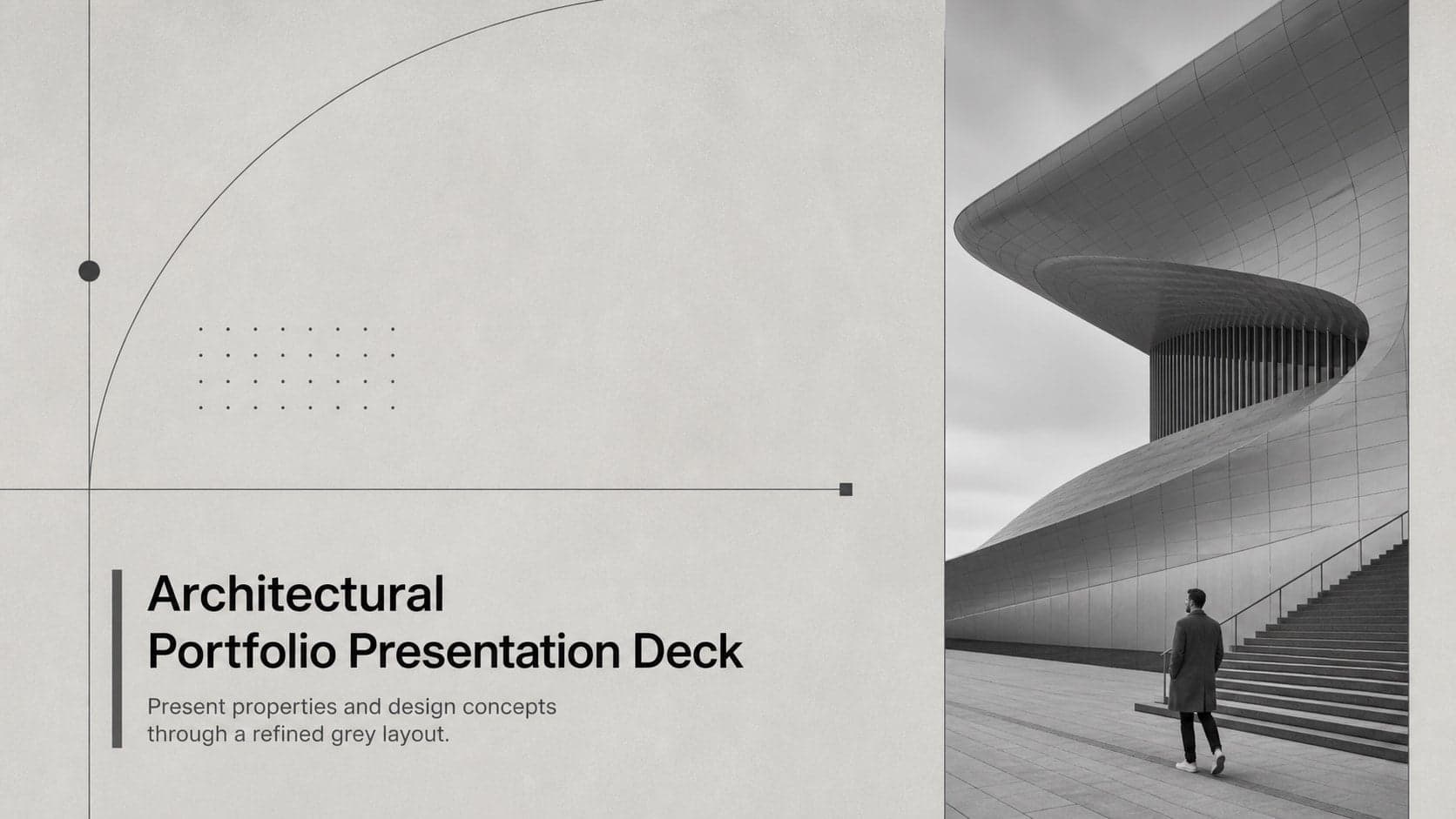 Cover of an architectural portfolio presentation deck with a monochrome building photograph and refined grey typography.