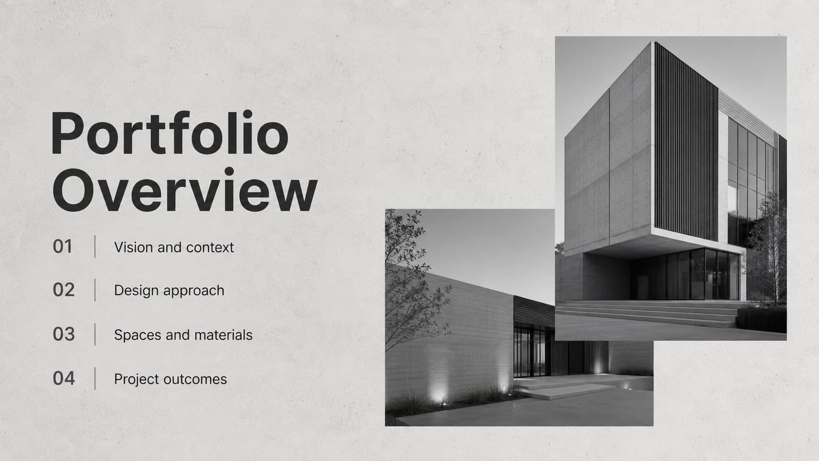Minimalist architecture portfolio overview slide featuring project imagery and a concise presentation agenda.