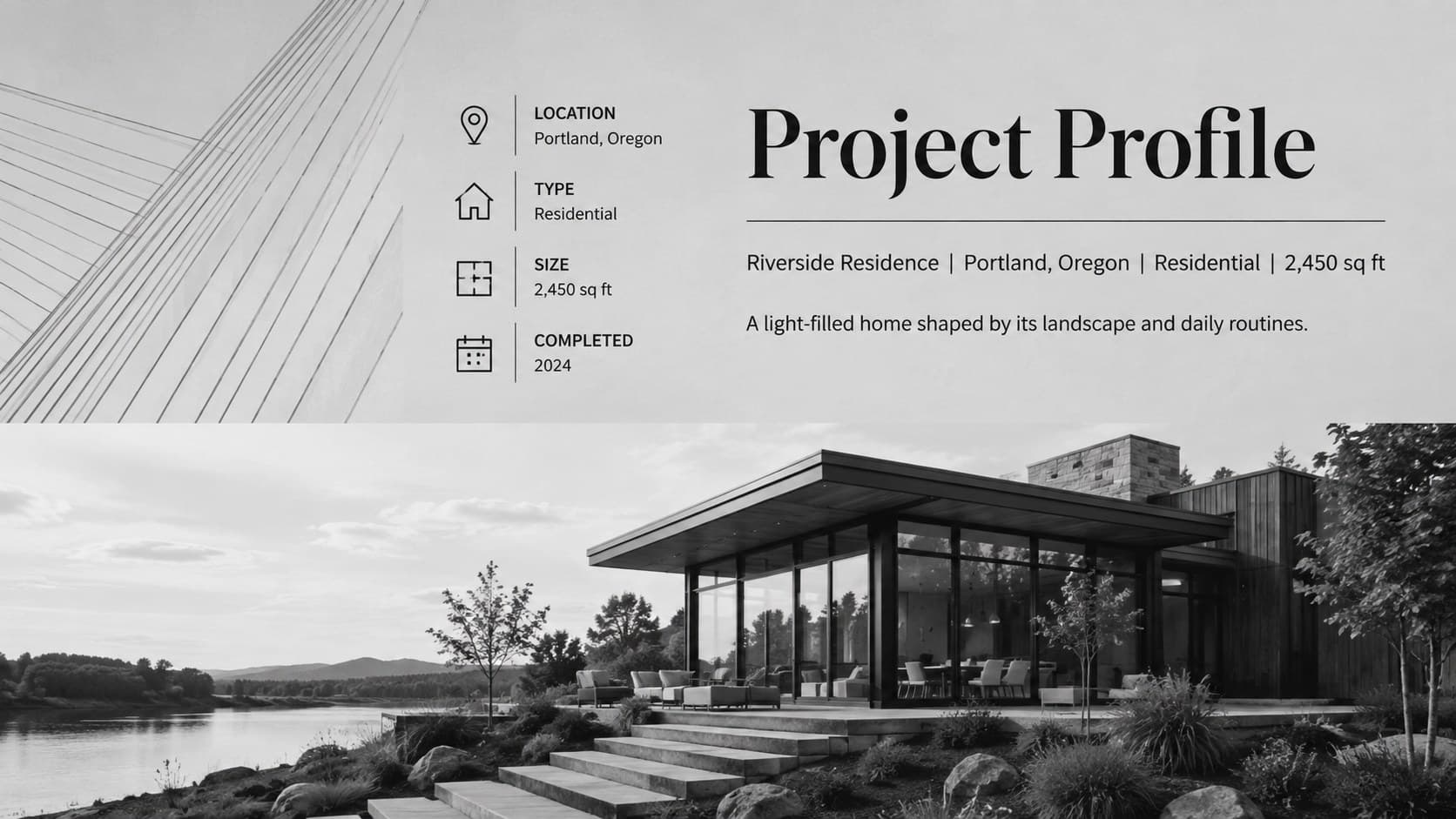 Architecture project profile slide with a large exterior image, location details, and a concise design summary.