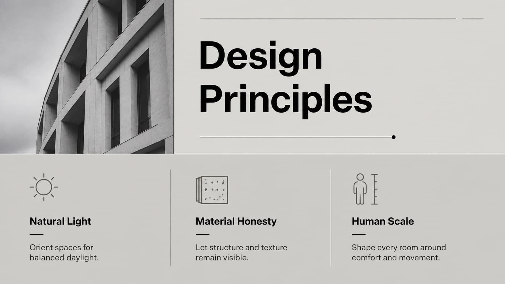 Modern architecture project showcase slide explaining three guiding design principles with monochrome details.