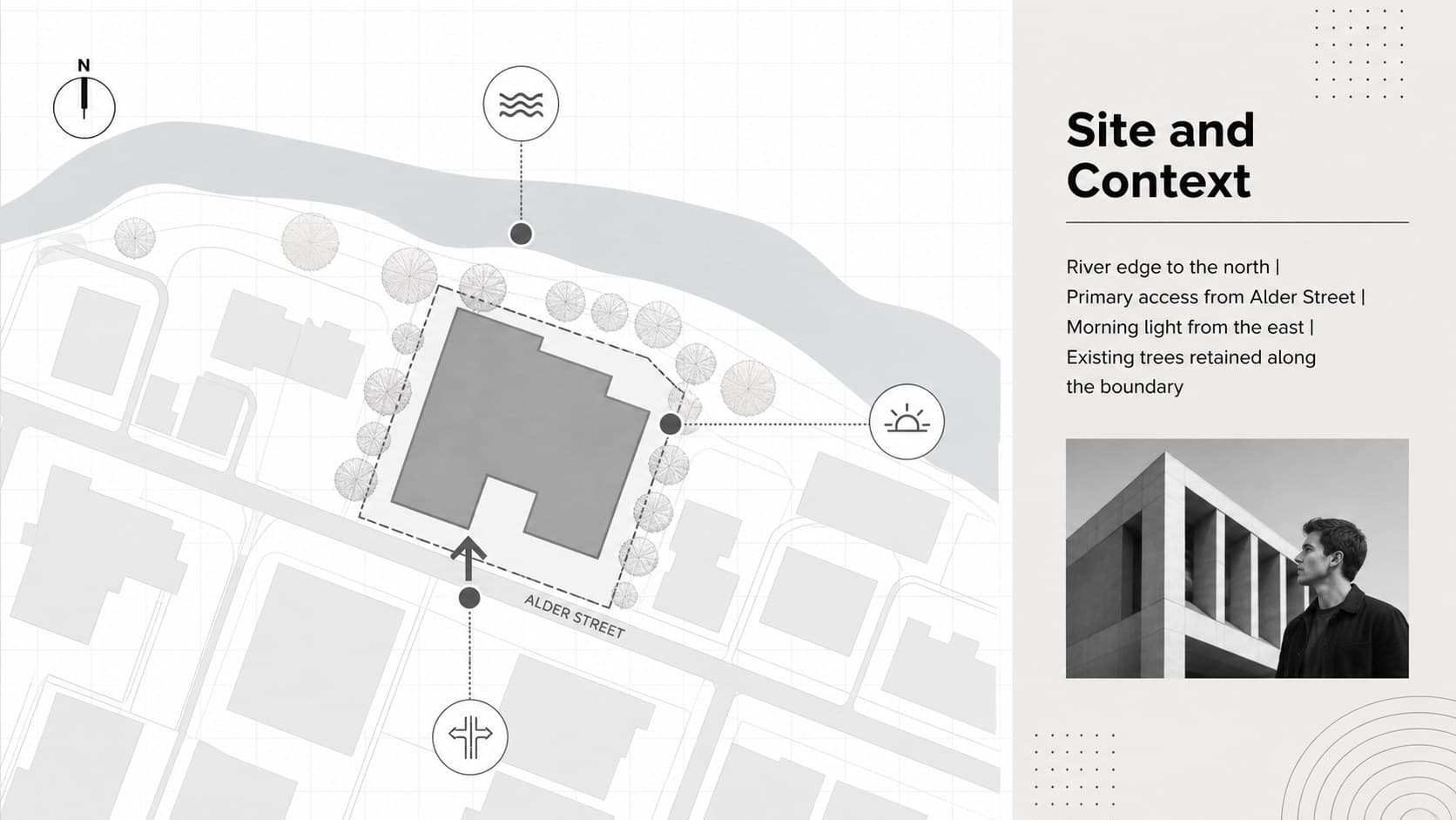 Grey architectural site context slide displaying a location diagram, access notes, and environmental considerations.