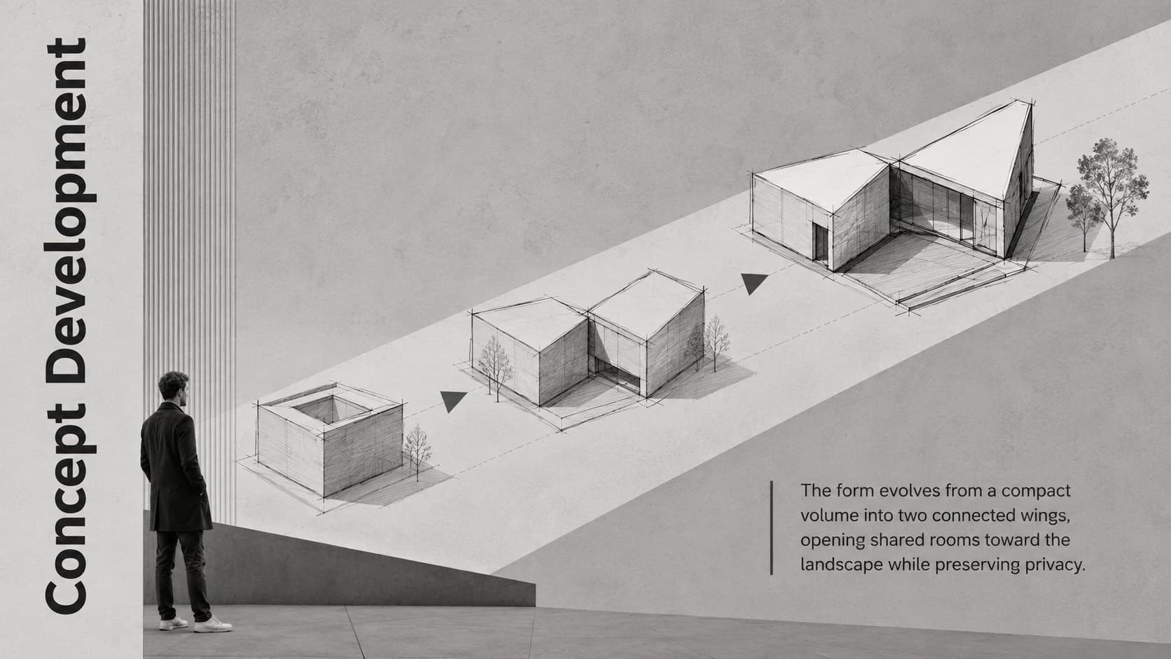 Architectural concept development slide showing sketches, massing studies, and a short project narrative.