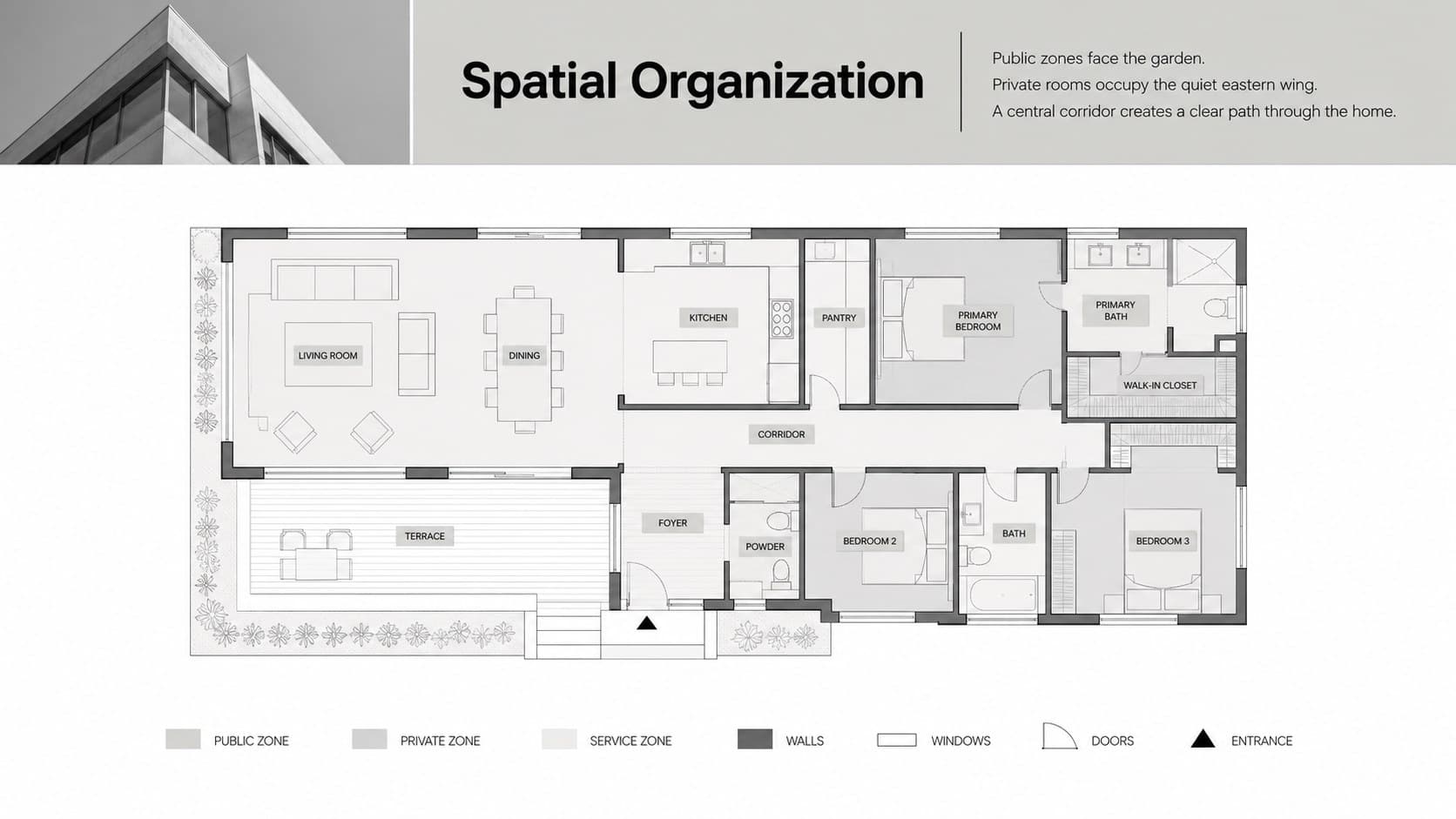 Minimalist floor plan presentation with labeled zones and an architectural circulation summary.
