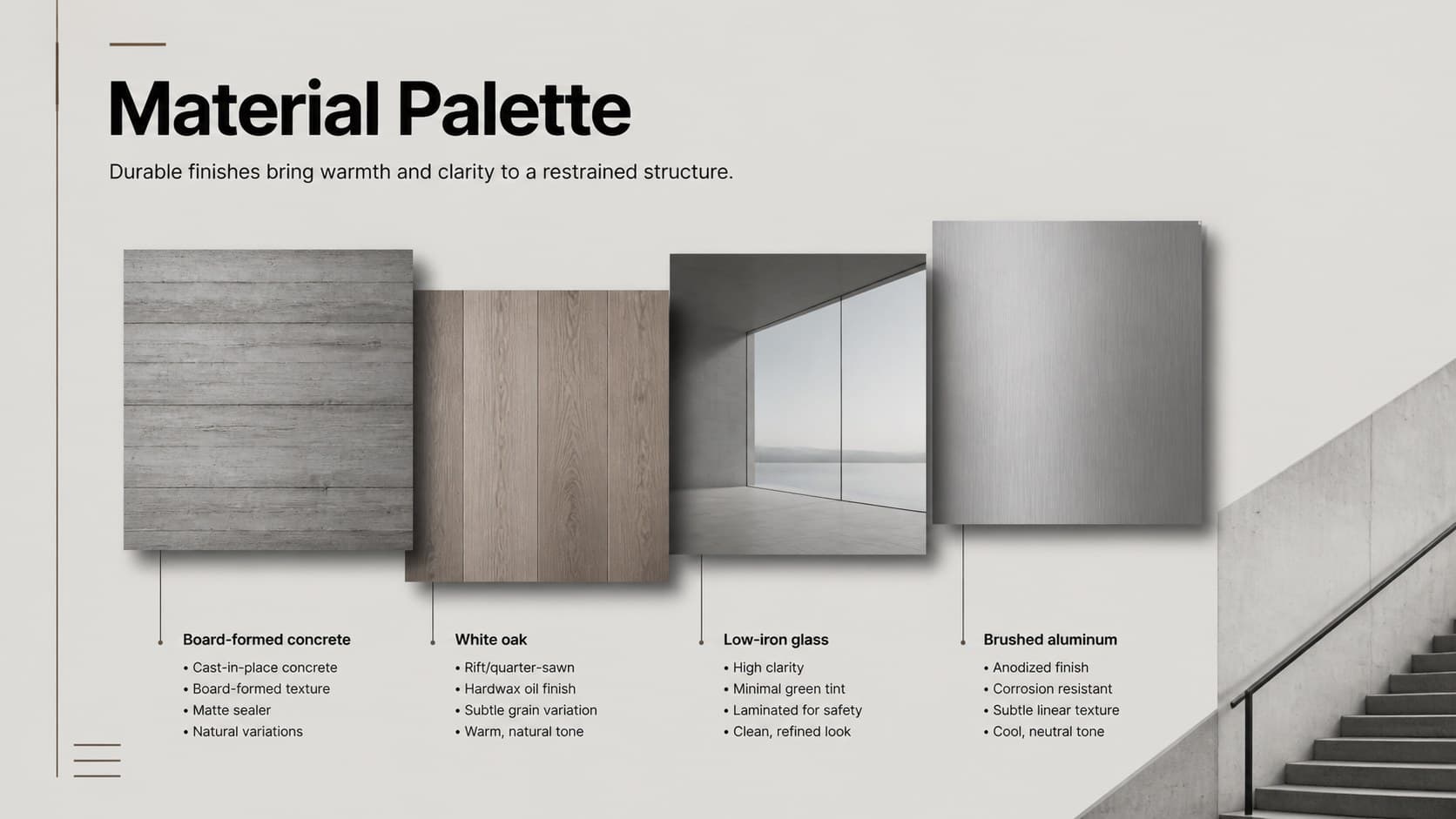 Architectural materials palette slide featuring concrete, timber, glass, and brushed metal samples.