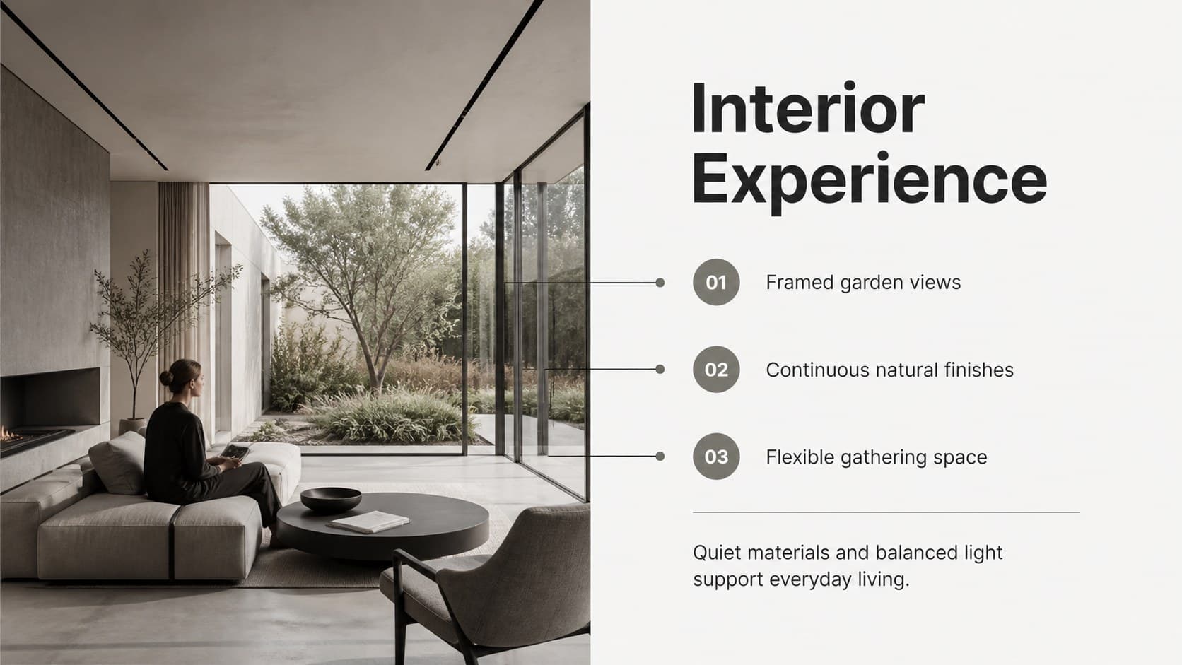 Interior architecture portfolio slide with a spacious living area photograph and key design observations.