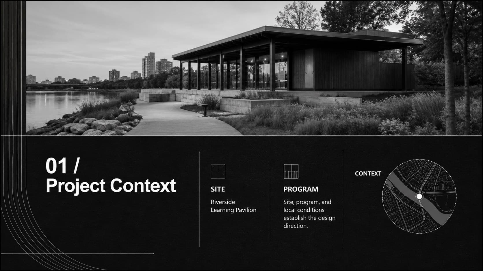 Minimal architecture case study presentation slide showing project context, site information, and a monochrome location diagram.