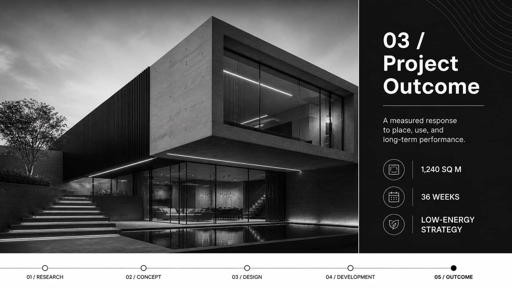 Minimal architectural project review slide summarizing outcomes with a large final rendering and monochrome performance metrics.