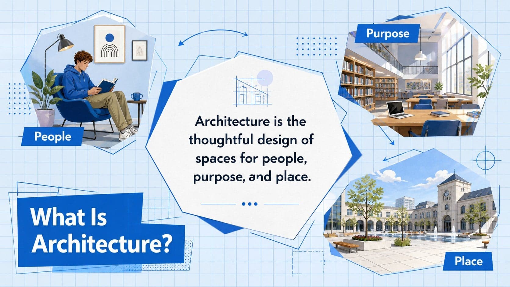 Architecture basics lesson slide defining architecture through people, purpose, and place.
