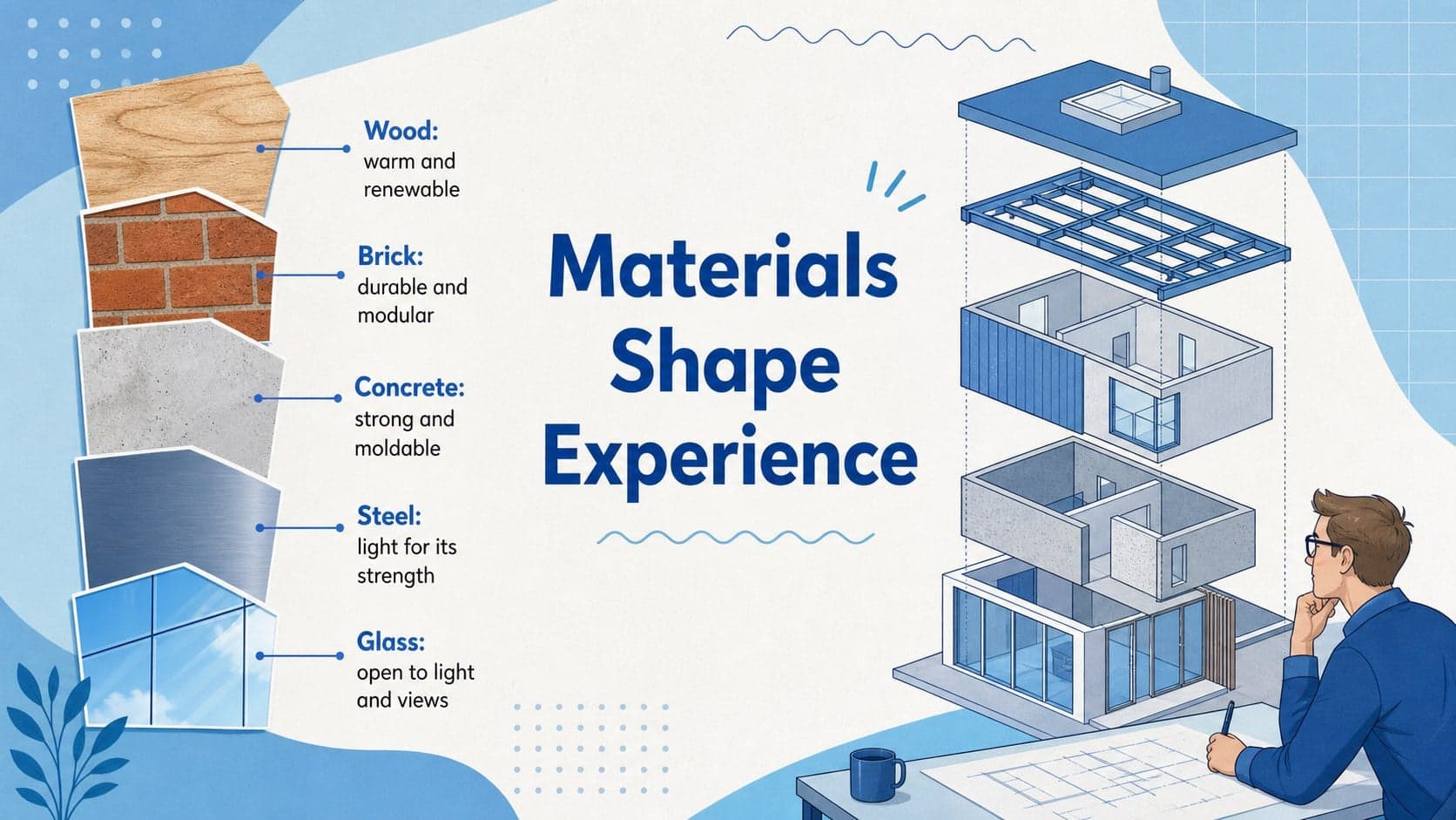 Built environment lesson deck slide comparing wood, brick, concrete, steel, and glass.