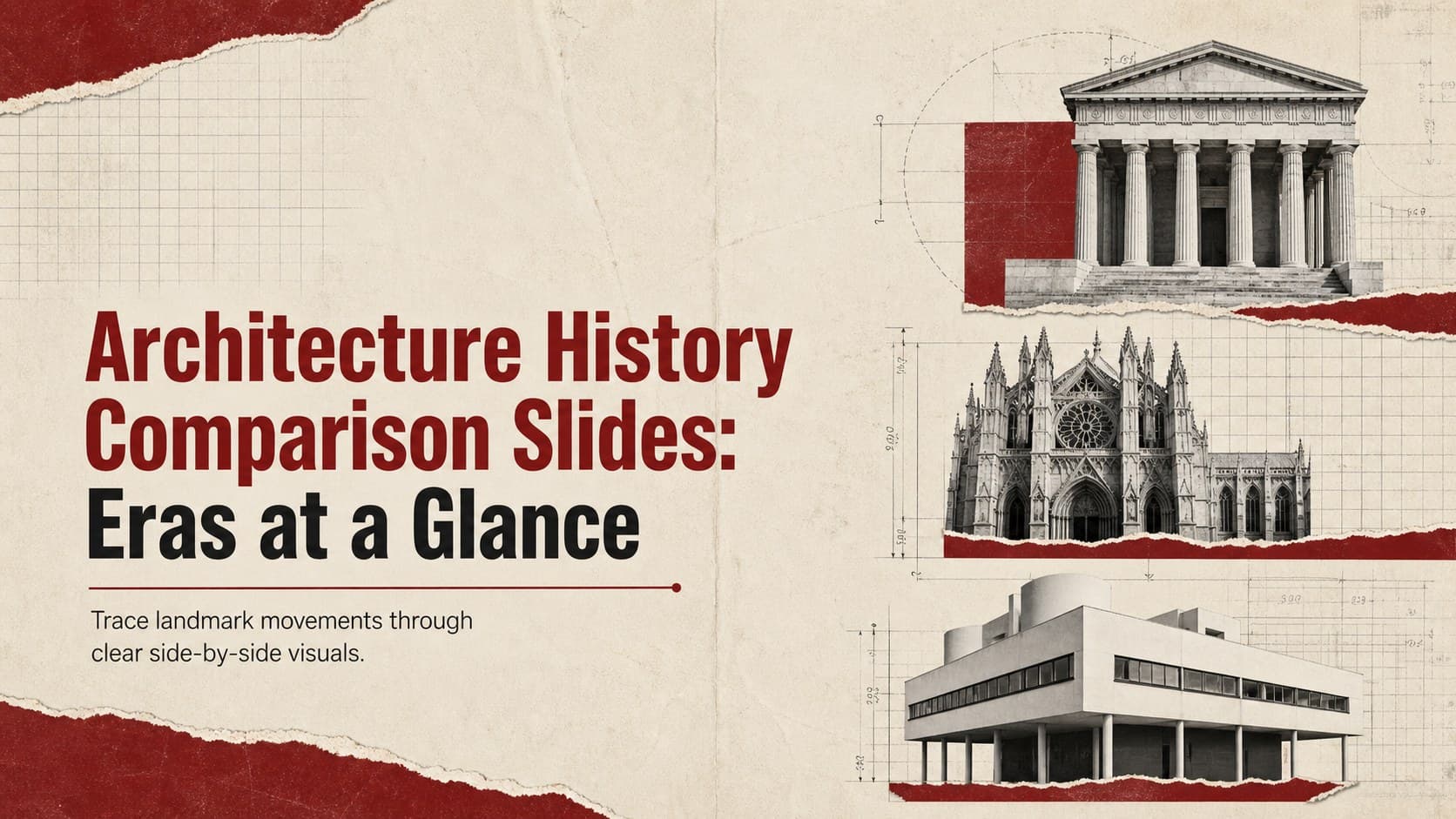 Cover for Architecture History Comparison Slides with vintage building imagery, layered paper textures, and red, beige, and black accents.