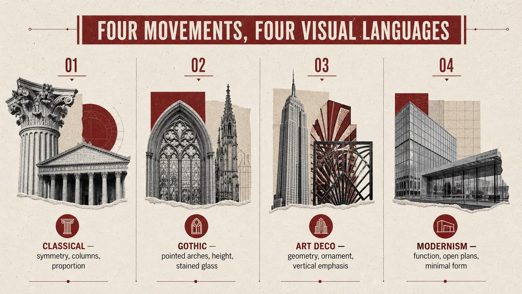 Architectural movements classroom presentation comparing Gothic, Classical, Art Deco, and Modernist design features.