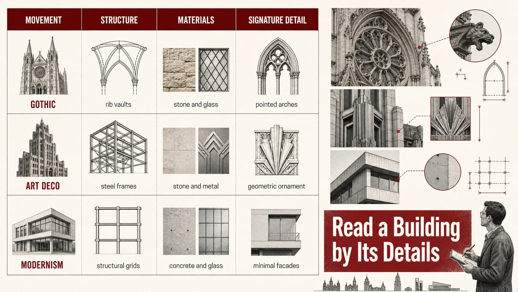 Building styles comparison presentation summarizing arches, materials, ornament, and structural principles across architectural eras.