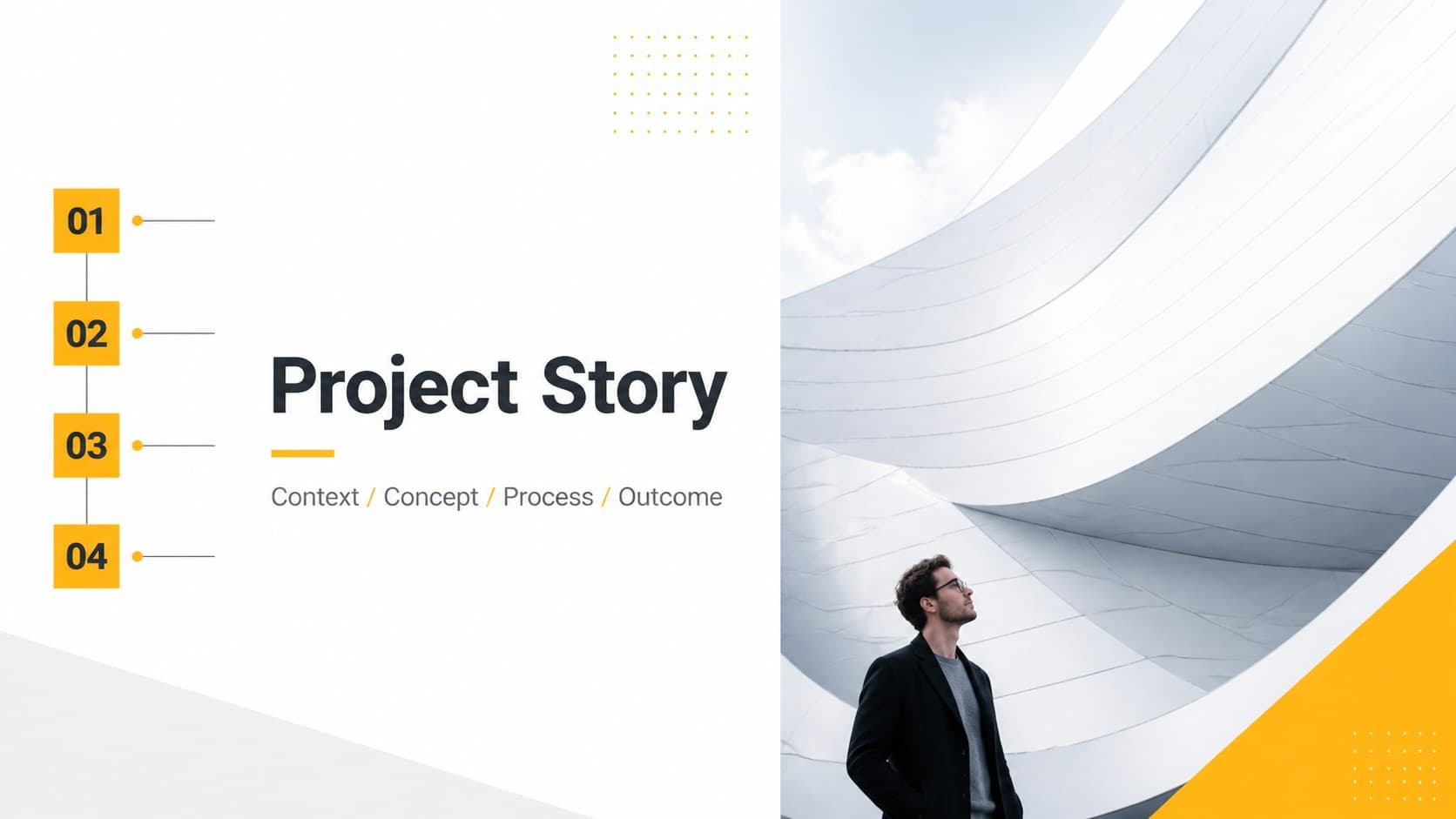 Architecture portfolio agenda slide outlining the sections of a modern design presentation.