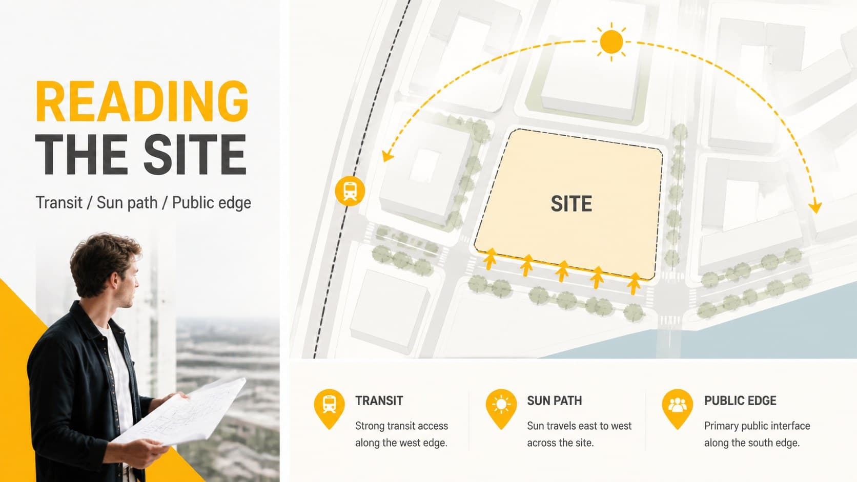 Architecture project context slide showing a site map, location details, and yellow callout markers.