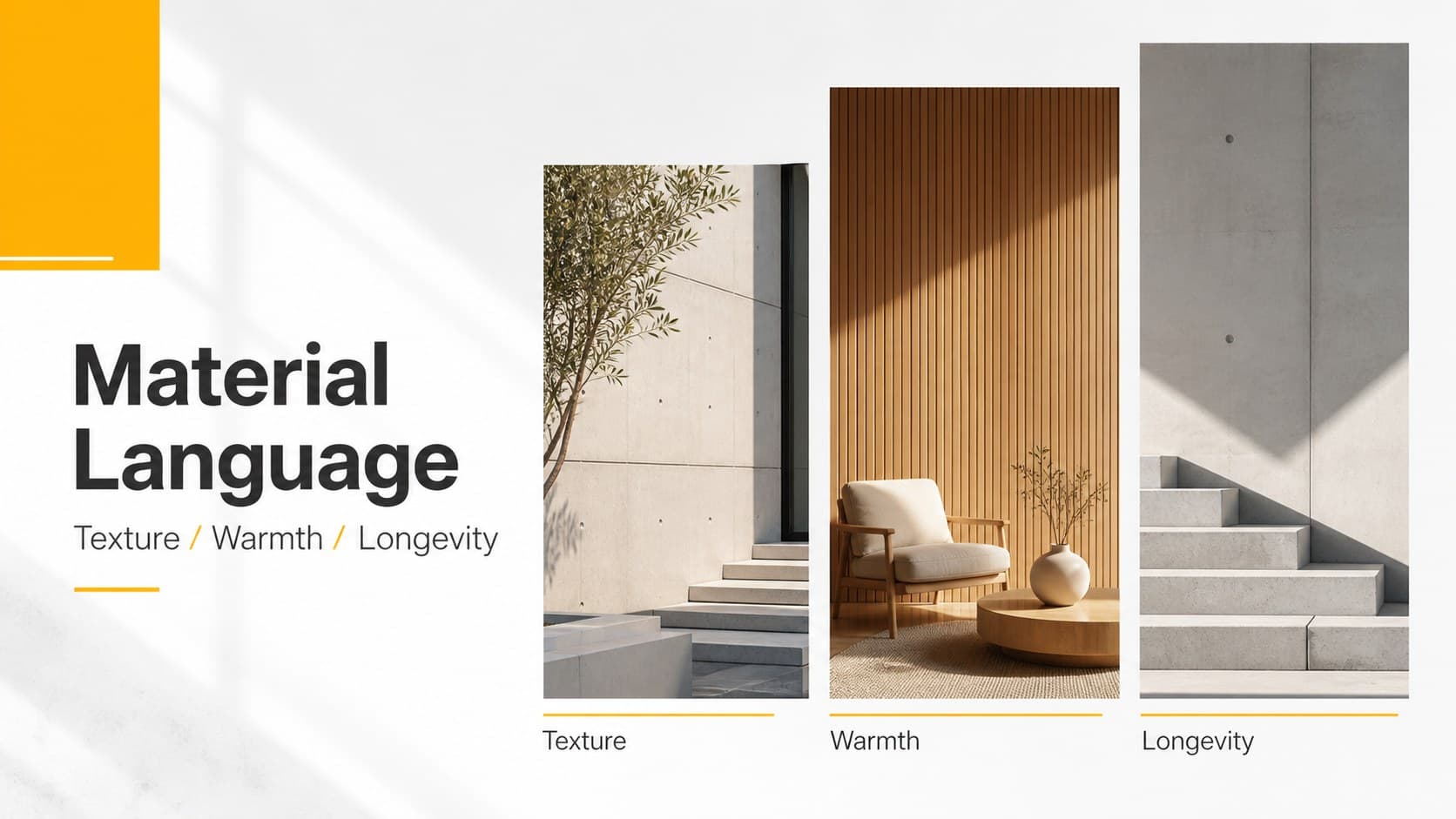 Architecture portfolio slide displaying three project images with concise captions about material and atmosphere.