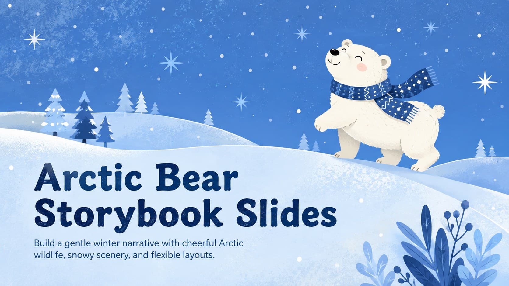 Cover of the Arctic Bear Storybook Slides with an original illustrated bear in a snowy blue landscape.