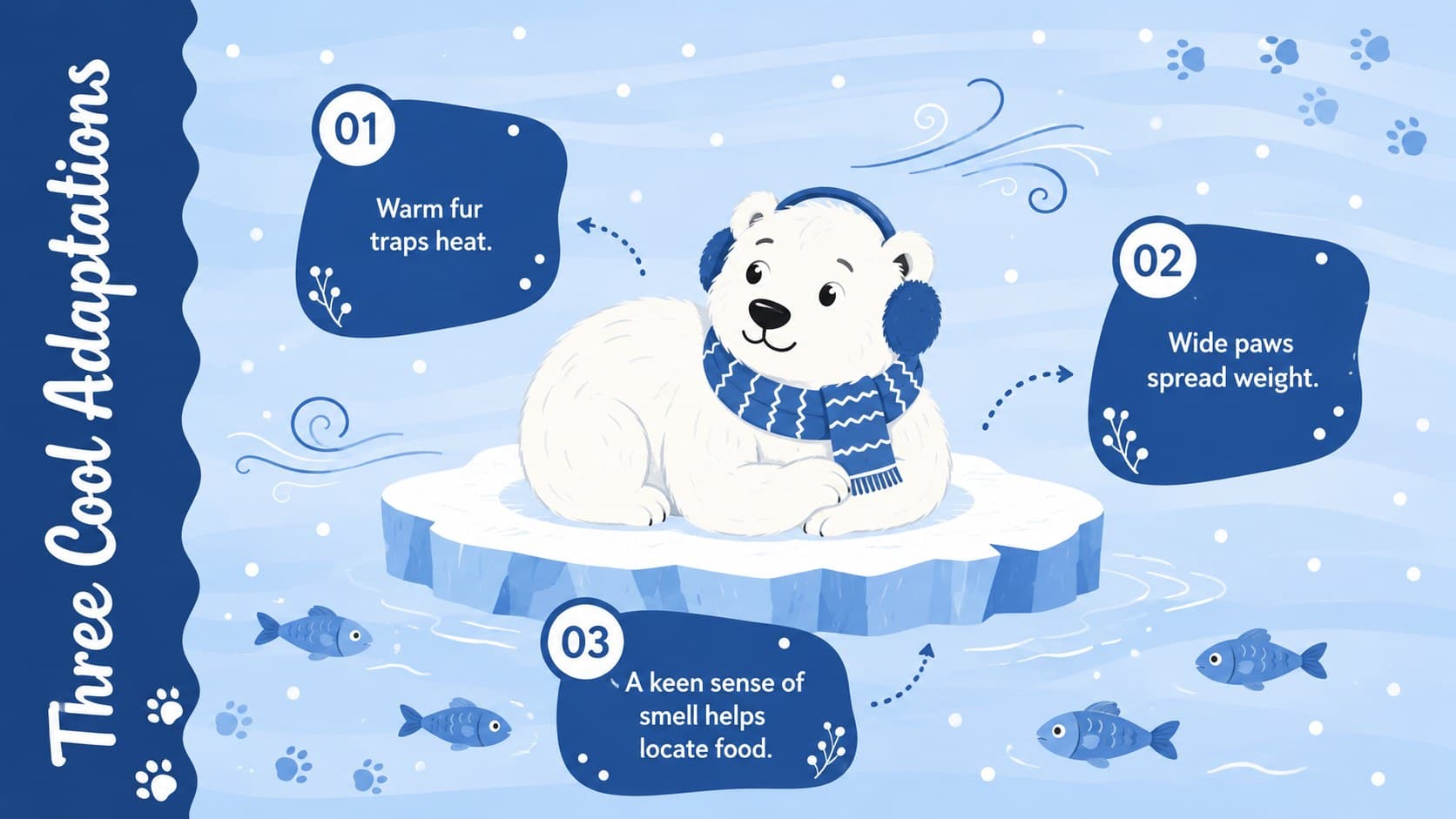 Cute Arctic animal presentation template showing three winter wildlife facts in a blue illustrated layout.