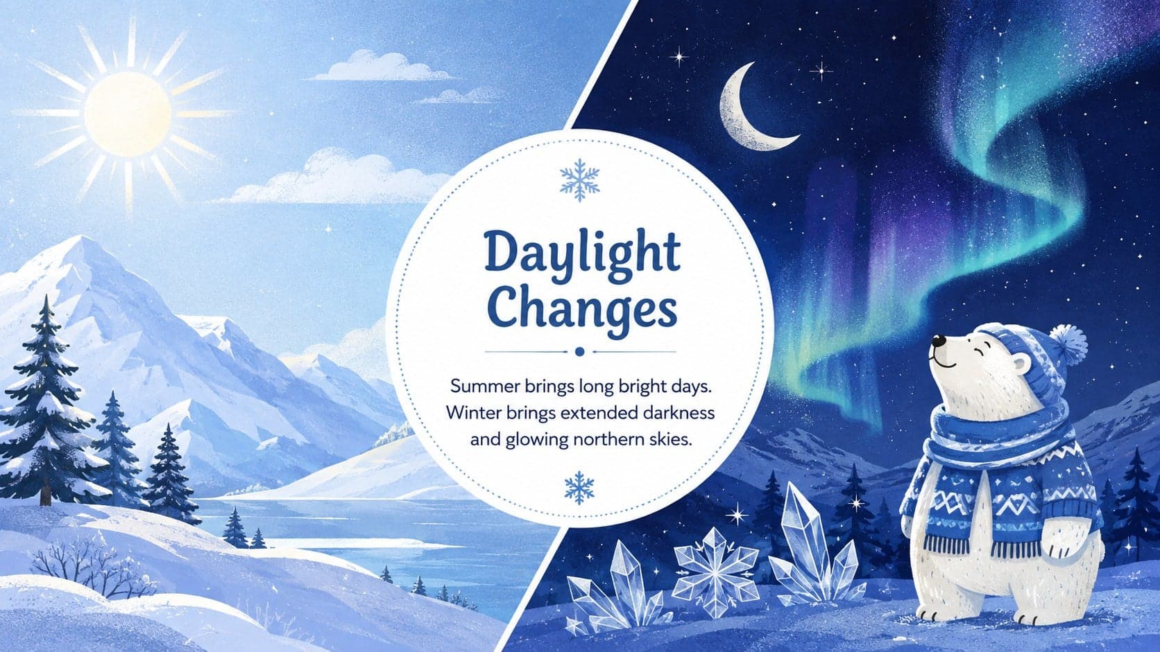 Blue snowy classroom slide deck page comparing Arctic daytime and nighttime conditions.
