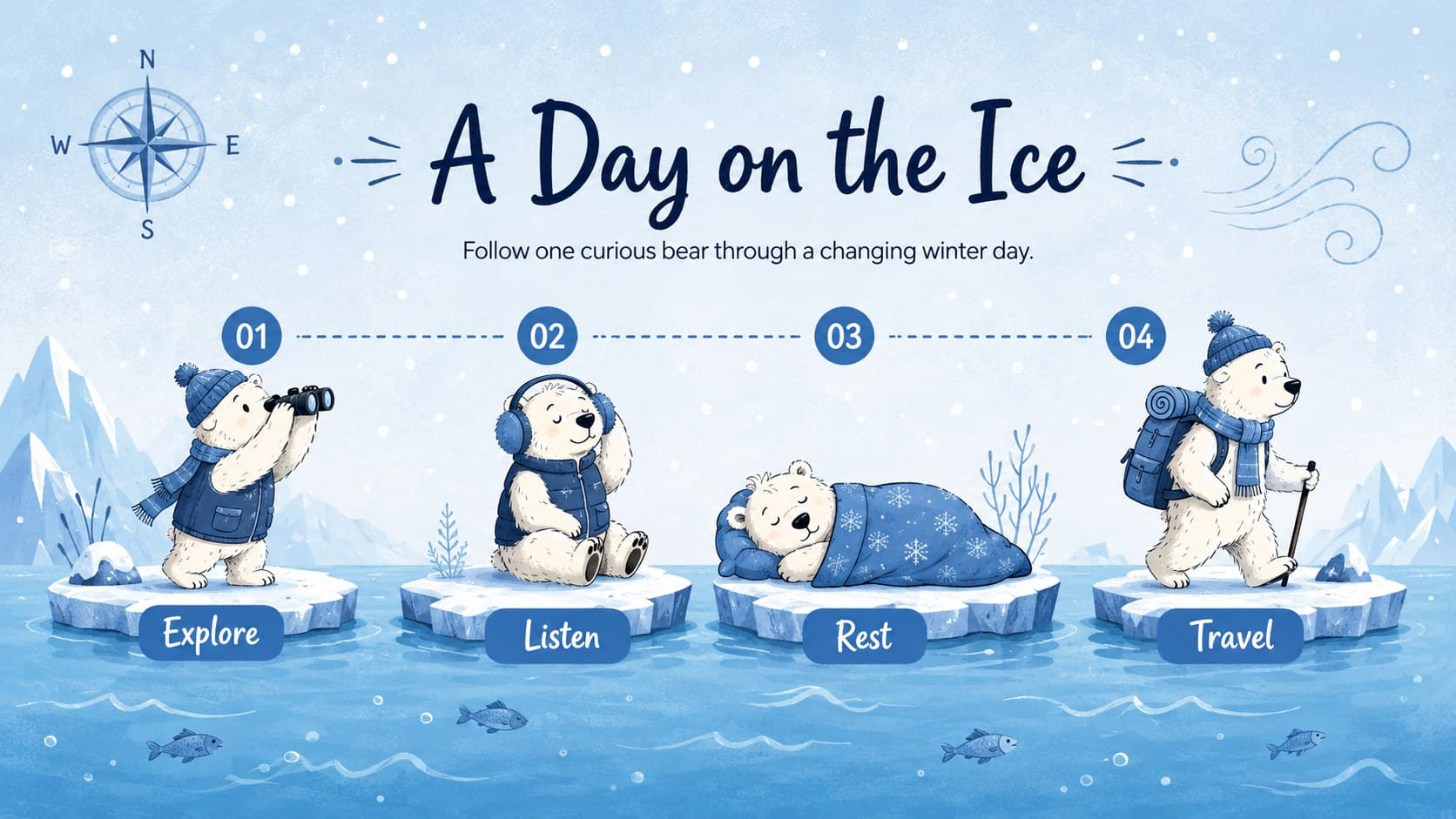Winter wildlife story slide with a four-step Arctic bear journey across a snowy landscape.
