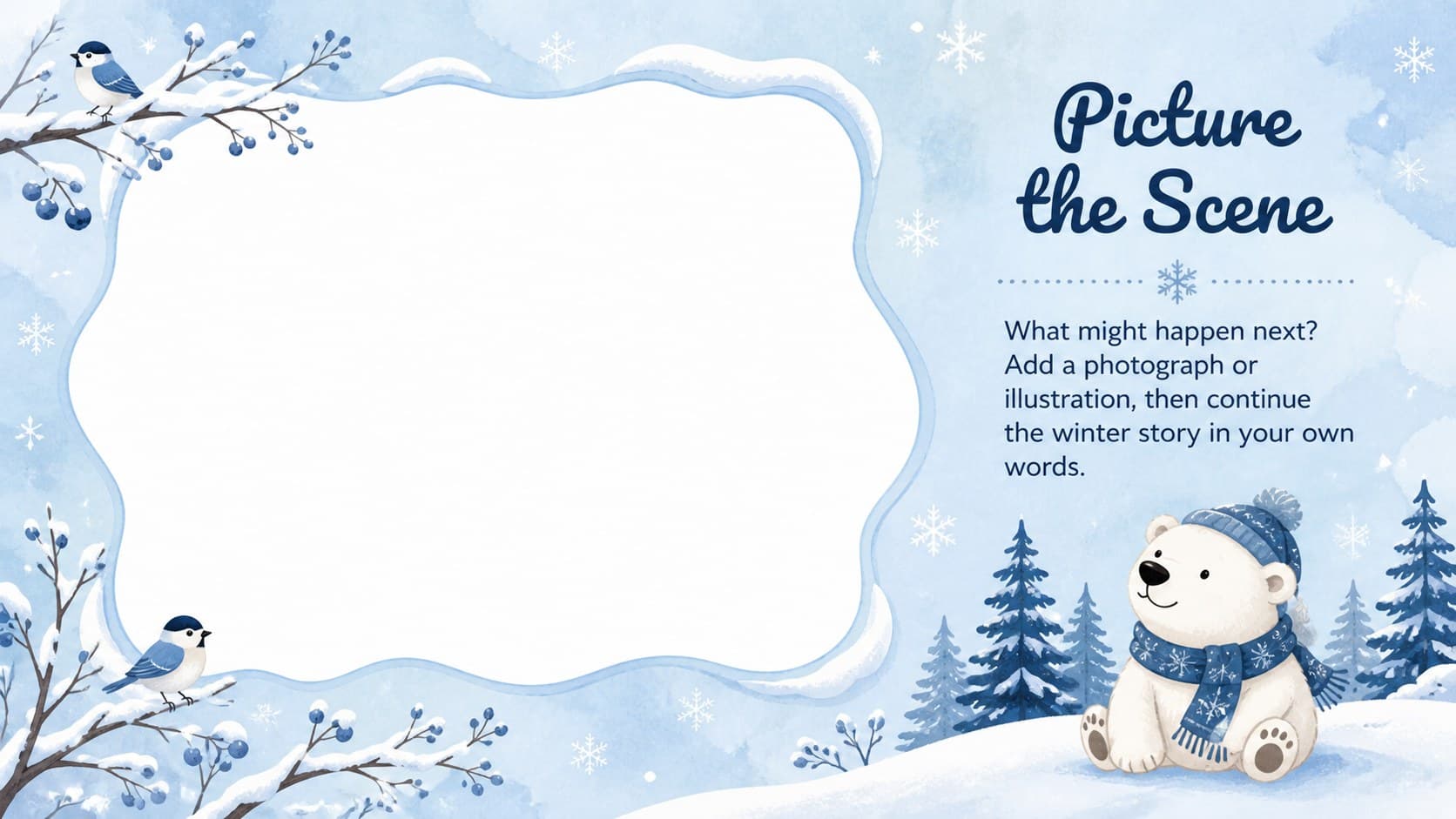 Illustrated snow presentation for kids featuring a large photo area and a short winter story prompt.