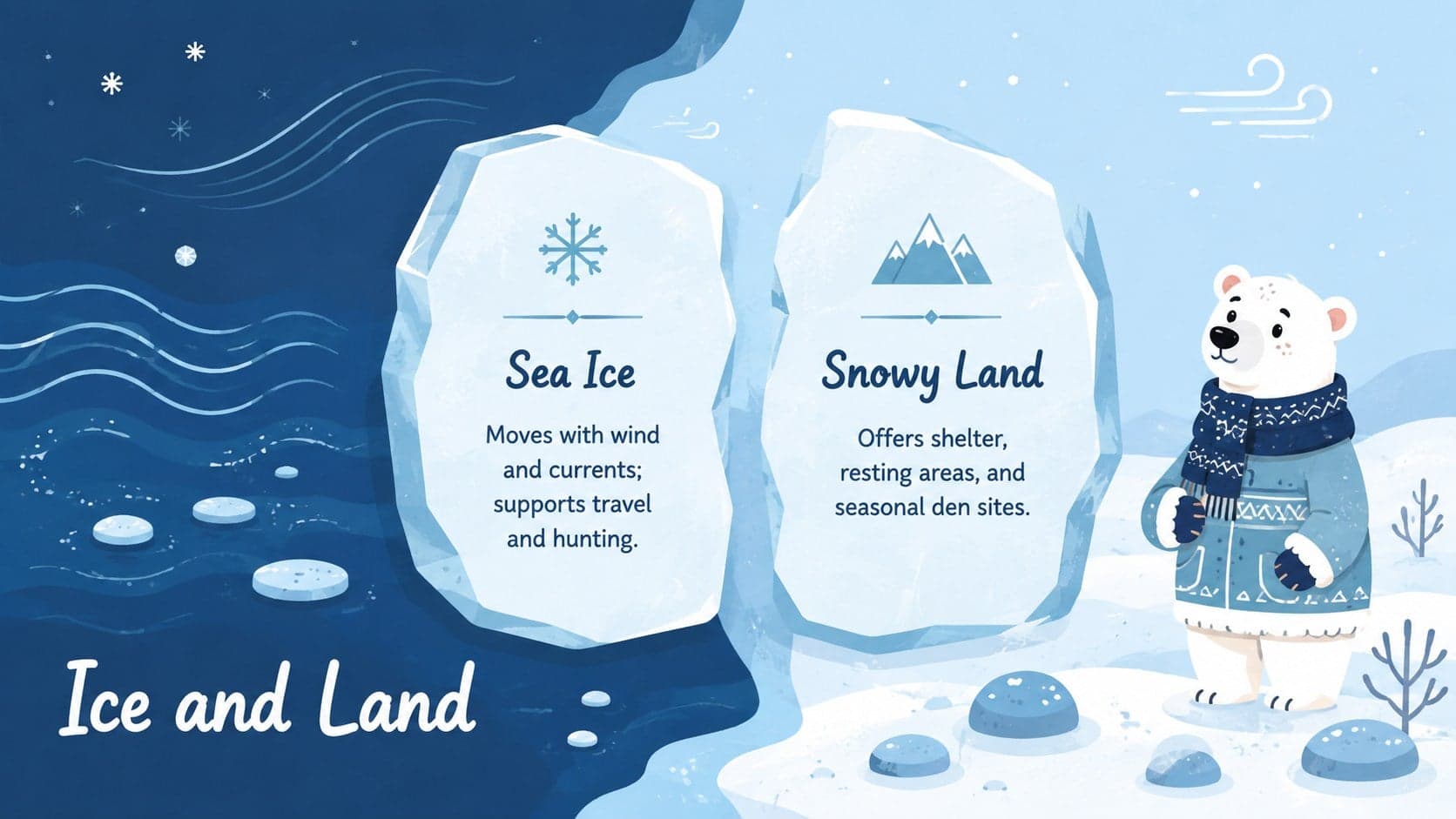 Polar bear education PowerPoint slide comparing sea ice and snowy land in two illustrated columns.