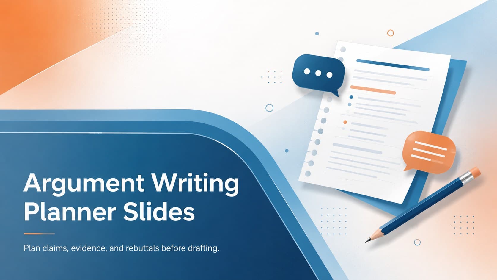 Cover of the Argument Writing Planner Slides with a modern blue, orange, and white academic design.