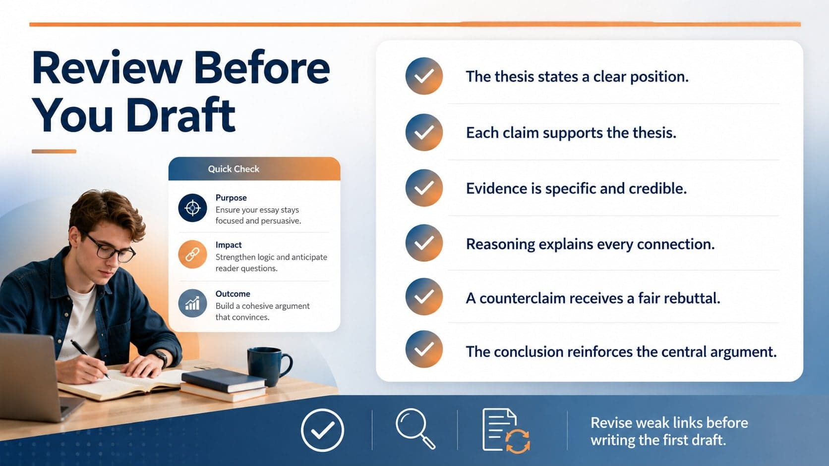 Academic argument review checklist covering thesis, evidence, rebuttal, organization, and conclusion.
