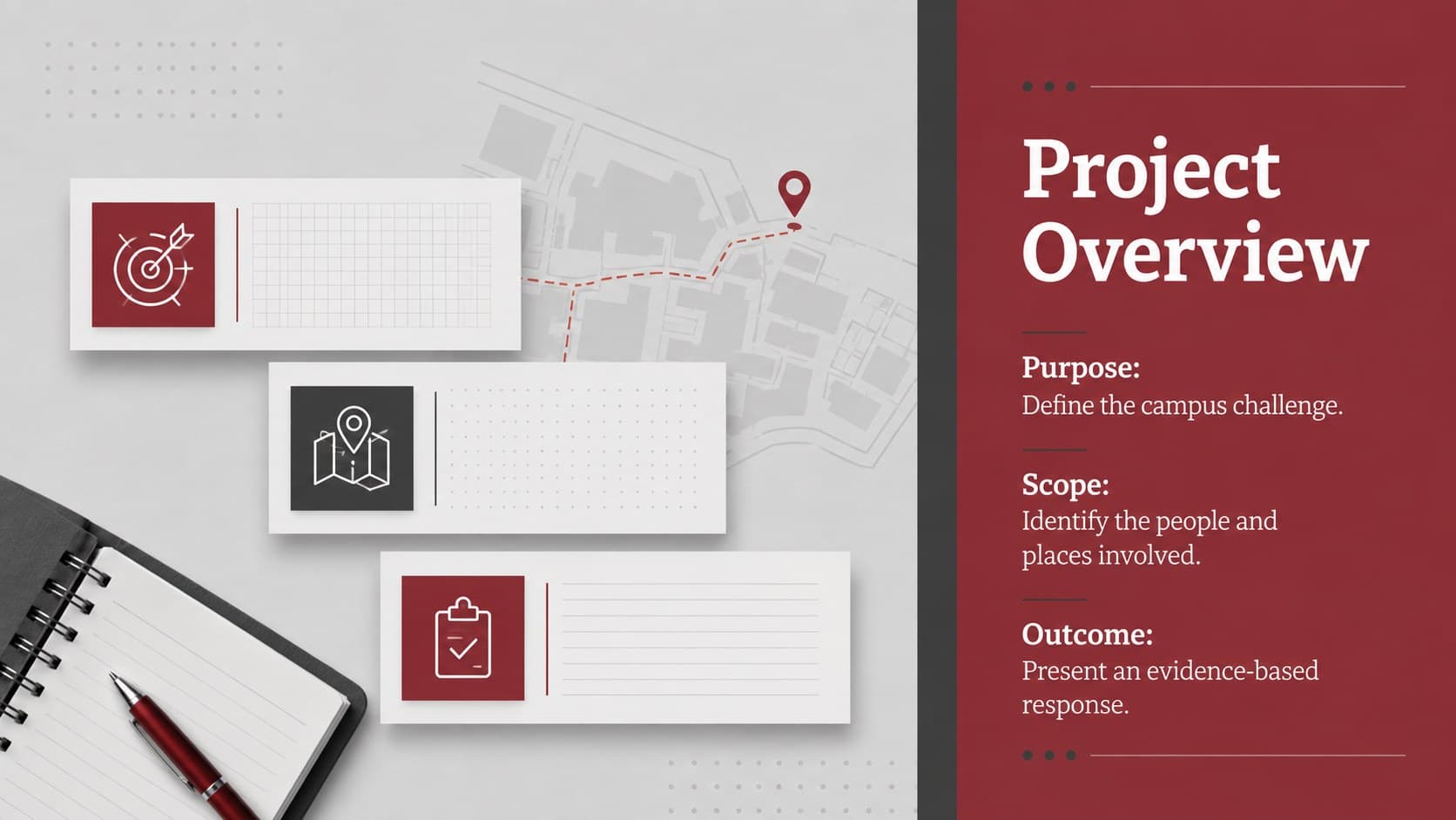 Project overview layout from an Arizona college class project deck with red section markers and concise academic text.