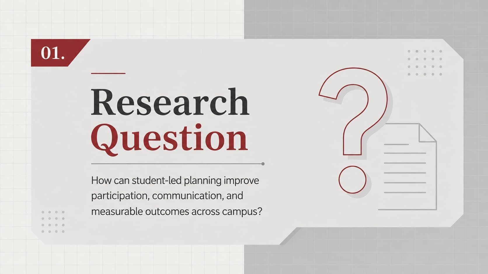 Research question slide in a gray and red academic presentation template with a focused central statement.
