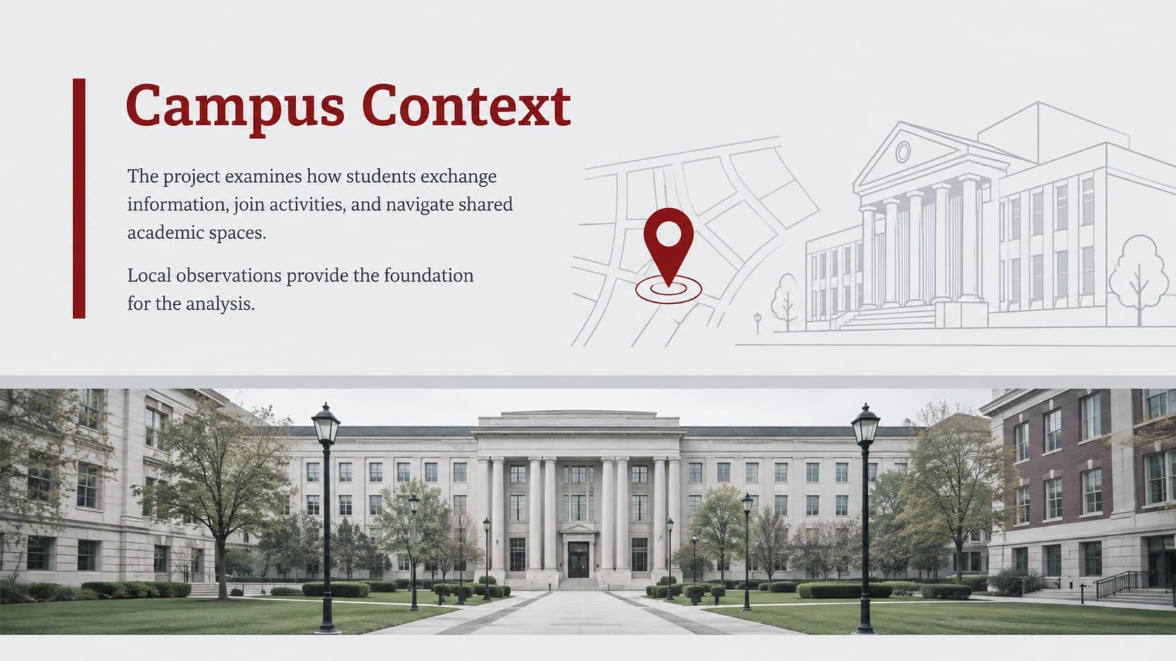 Campus context slide showing academic background information in an editable university research presentation.