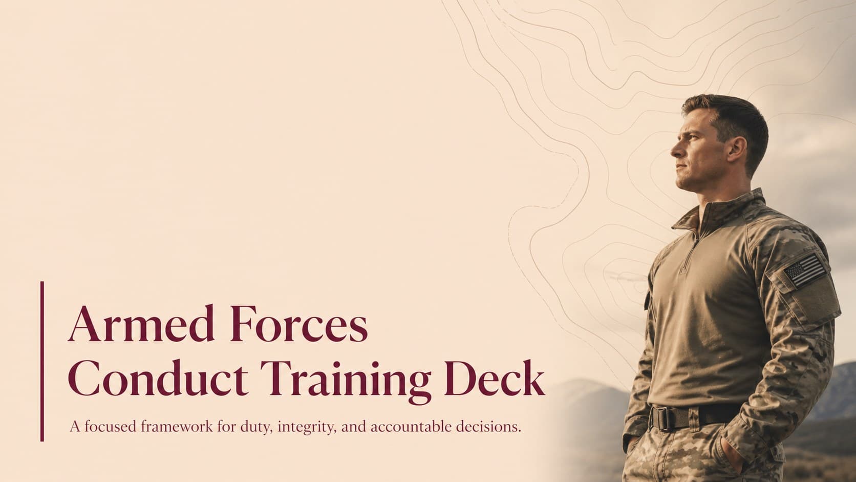 Cover of an armed forces conduct training deck in a minimalist beige and red military style.