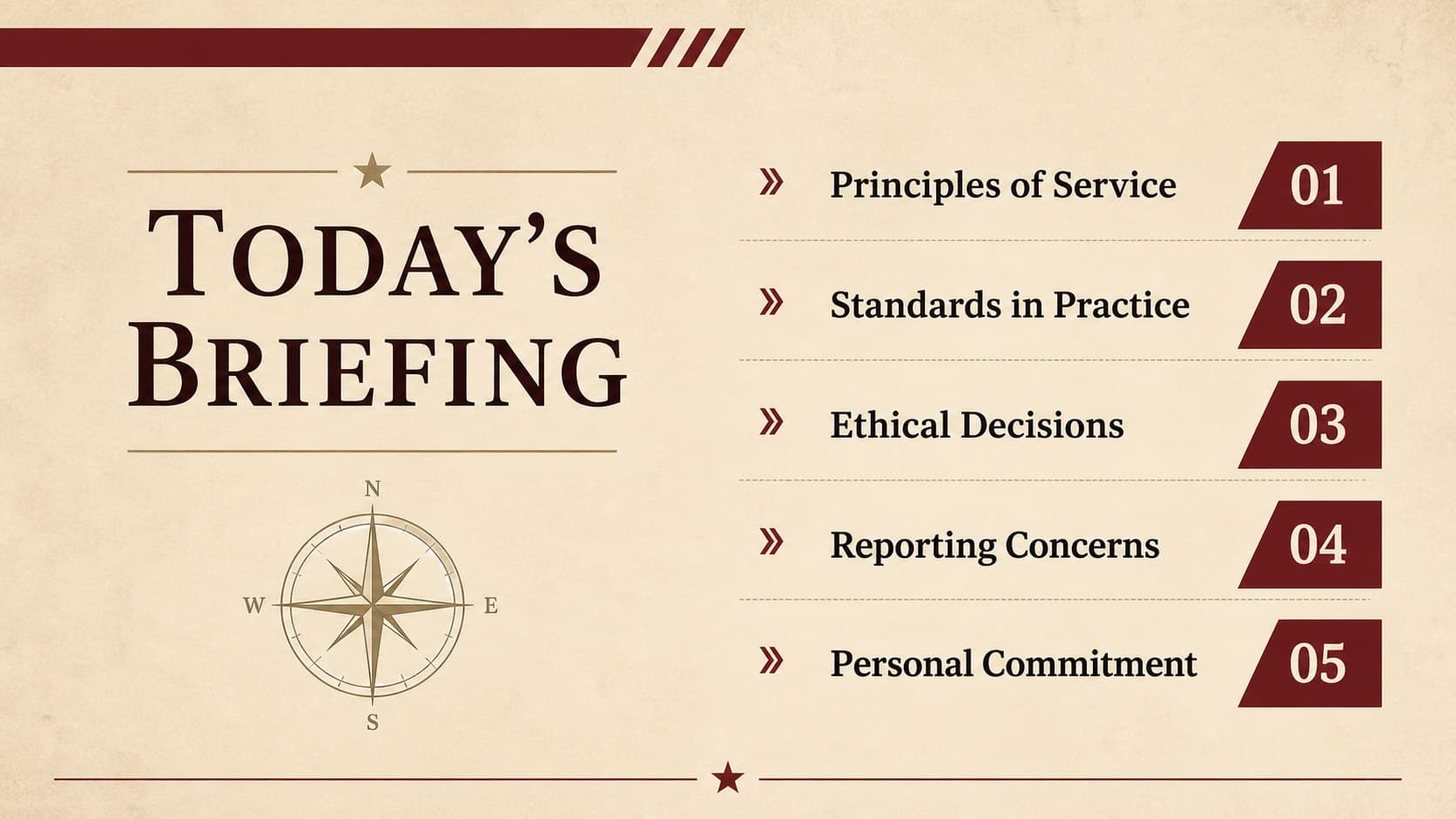 Agenda slide outlining the sections of a military ethics training presentation.