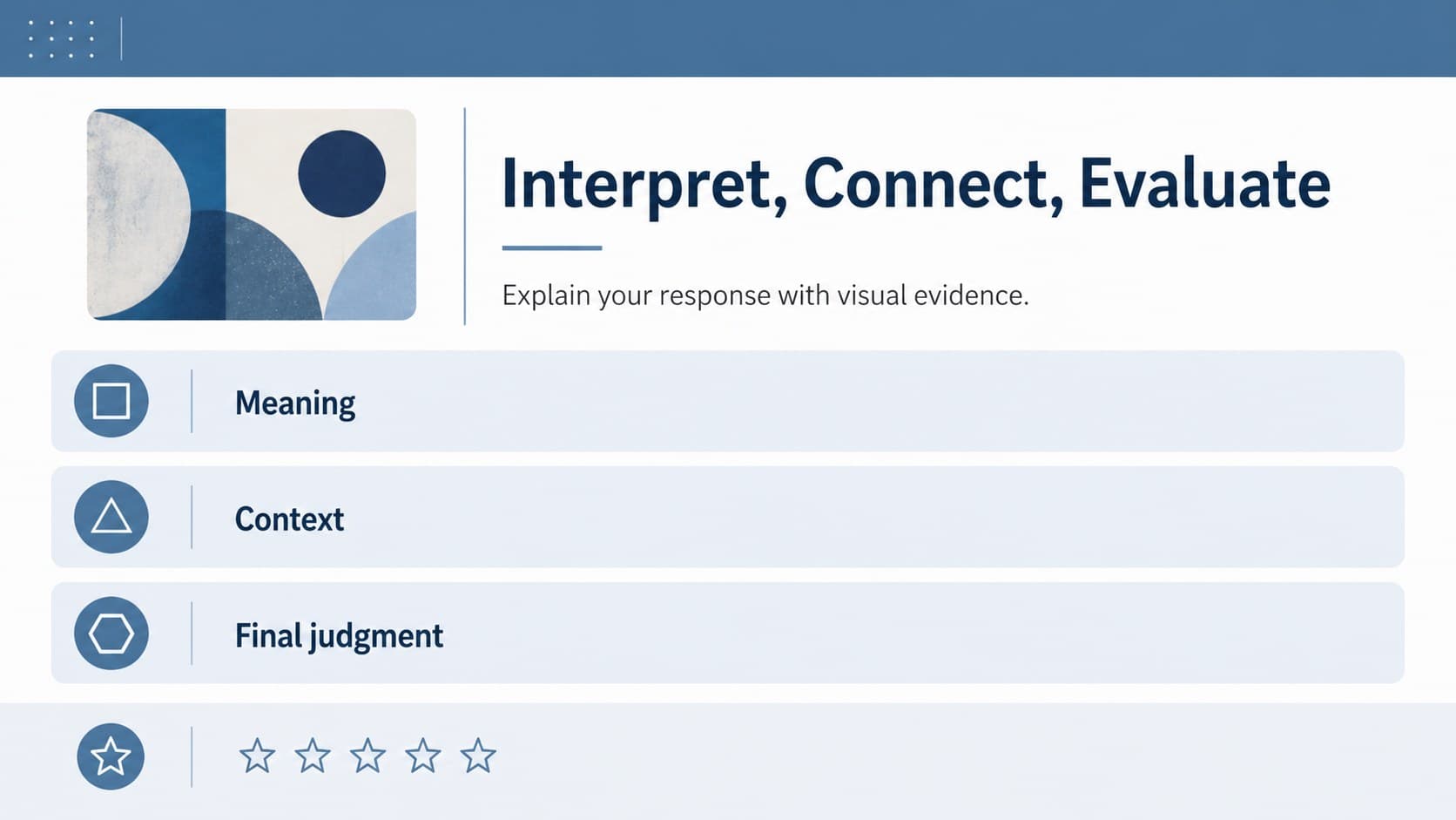 Blue-and-white visual arts critique template organizing interpretation, context, and final evaluation in a structured page.